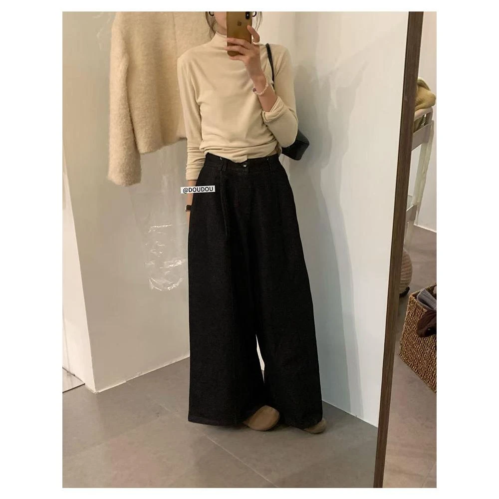 1014韩系高级感柔软牛仔阔腿裤女冬高腰加厚宽松休闲裤子