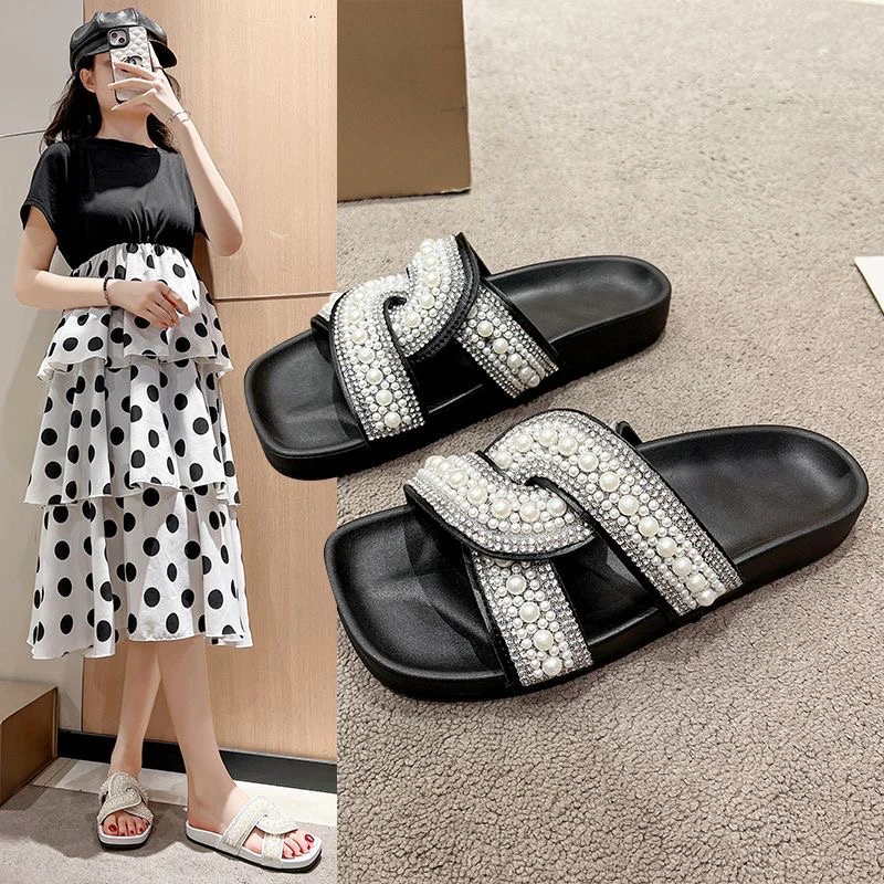 法式绝美水钻凉拖鞋女外穿2025夏配裙子凉鞋平底沙滩一字拖5016-2