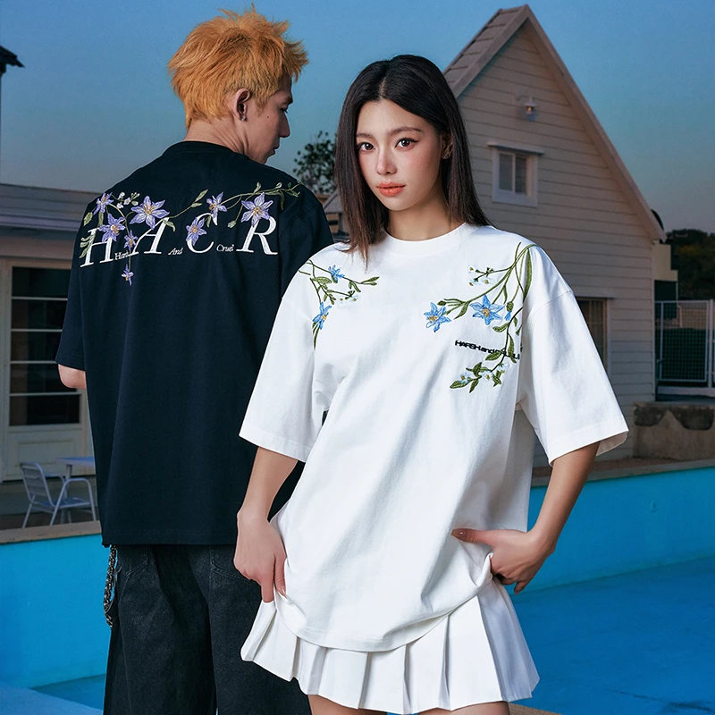 harshandcruel万针刺绣植物系莫奈花园百搭宽松潮牌短袖T恤