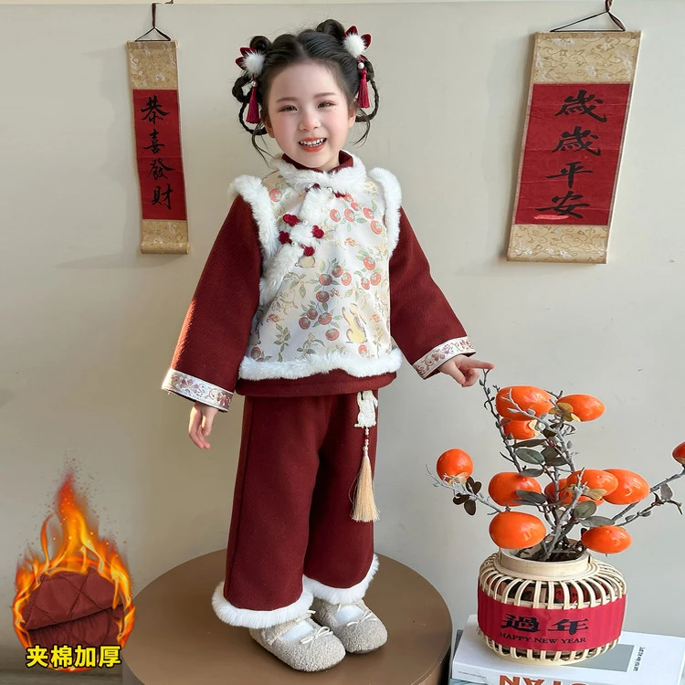 汉服女童拜年服套装秋冬儿童中式唐装女宝宝中国风过年喜庆新年装