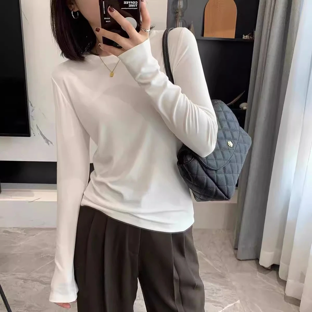 2025秋季新款正肩打底衫女内搭宽松显瘦长袖t恤女秋季上衣女白色