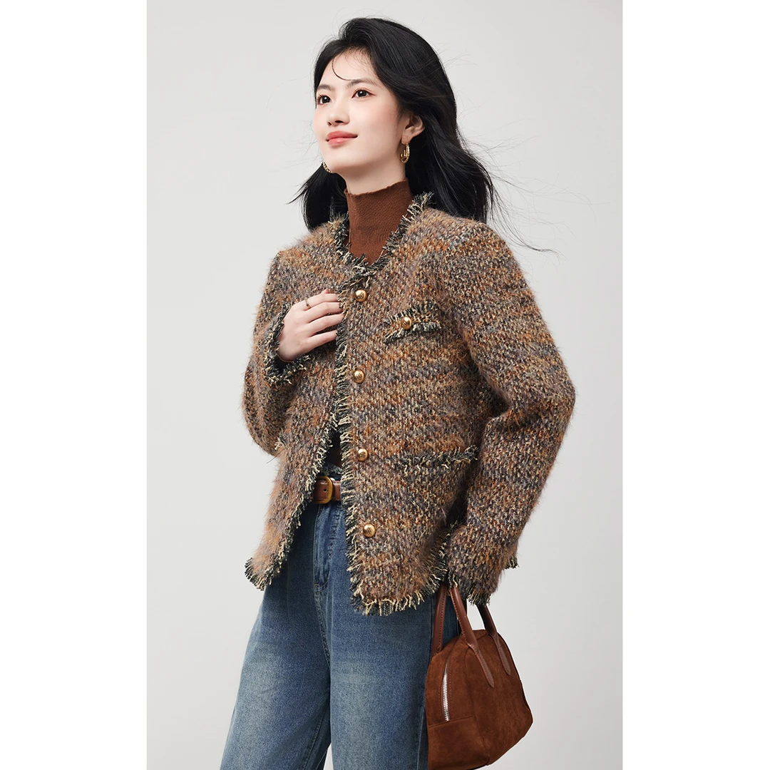 小香风粗花呢短外套女秋冬2025新款法式气质时尚夹棉保暖棉服上衣