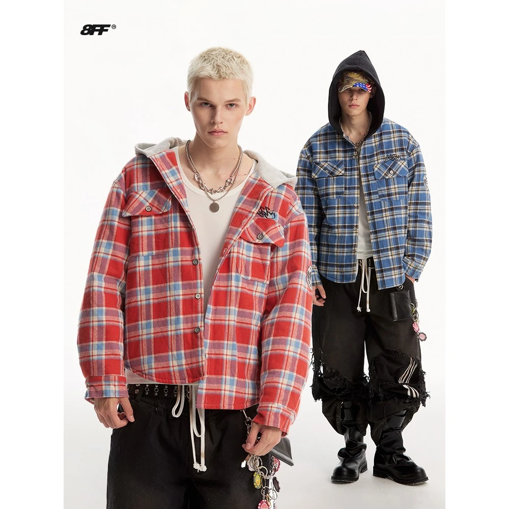 8FF大不相同/廓形徽章绣花休闲连帽格子羽绒棉服衬衫保暖外套棉服