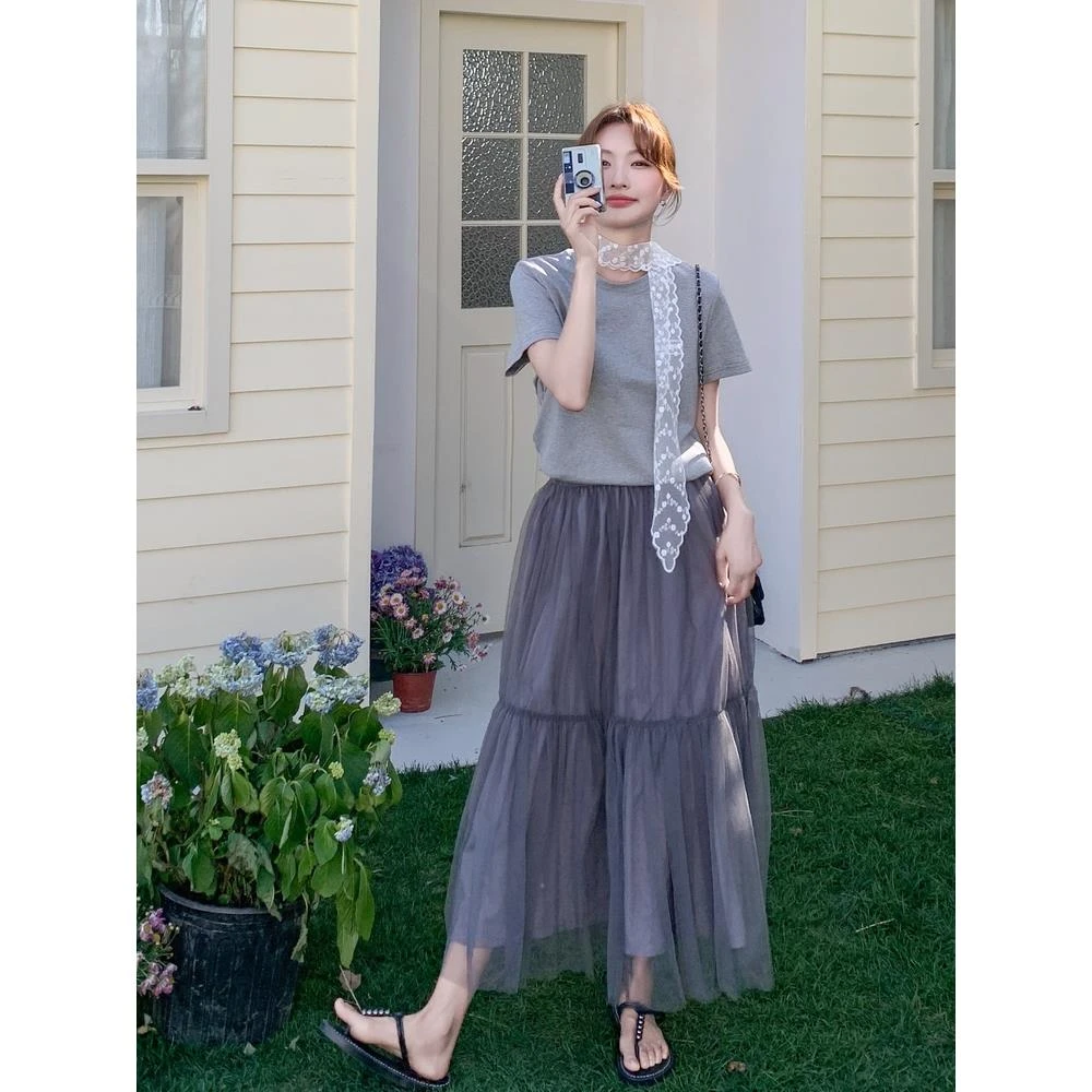 韩系穿搭一整套T恤套装裙女夏2025新款绝美超仙网纱半身裙两件套