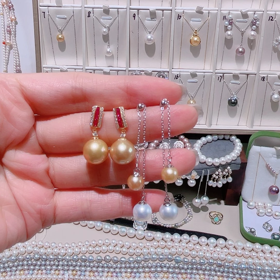 淡水珍珠银S925镶嵌颈饰双珠耳饰➕麦穗金色珠珠耳饰