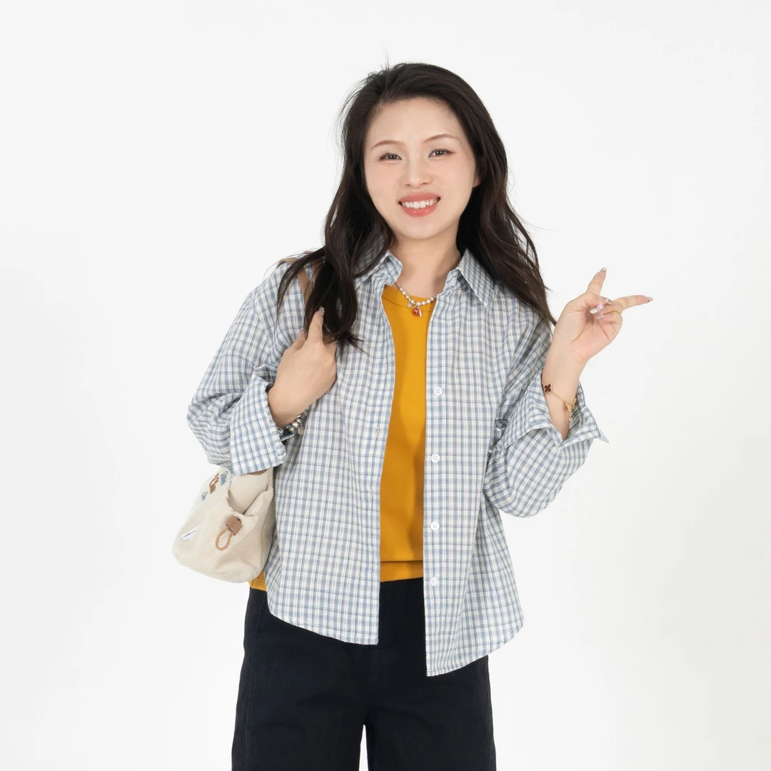 小个子圆圆KM7157肌理全棉休闲格纹衬衫通勤百搭短款新款秋装女