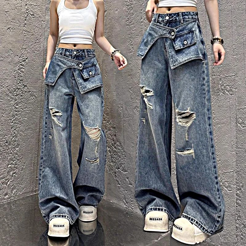 欧货假两件破洞阔腿牛仔裤女夏季新款大码胖mm宽松显瘦直筒休闲裤