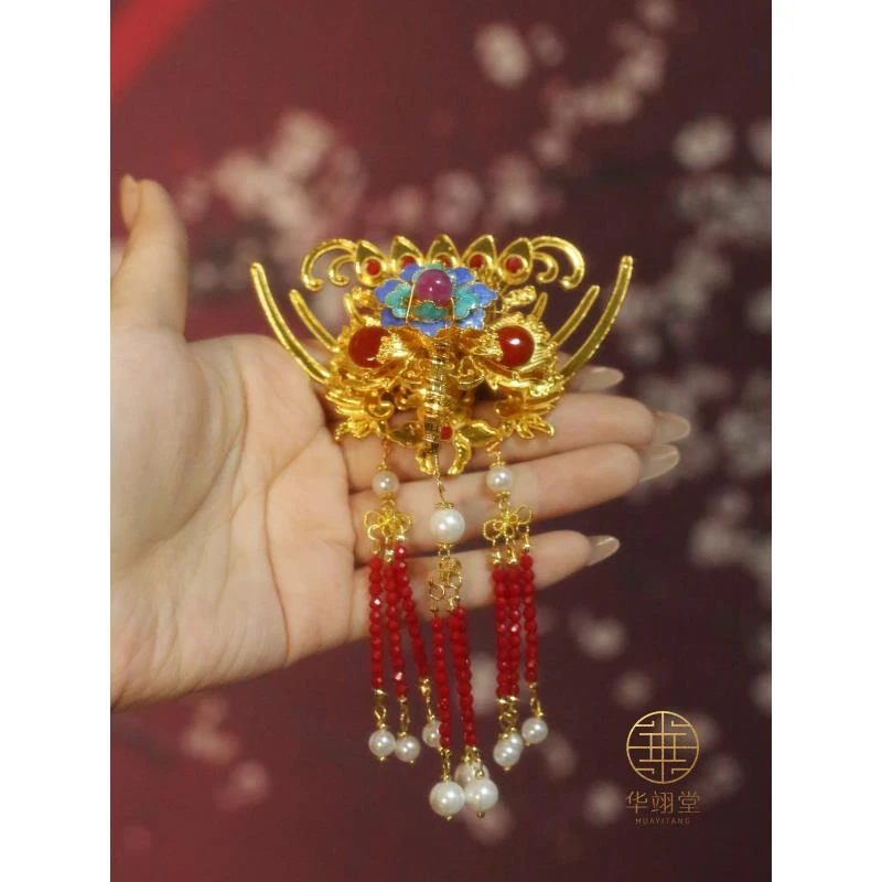 华翊堂原创设计铜镀金仿花丝錾刻宝石彩凤套装后压