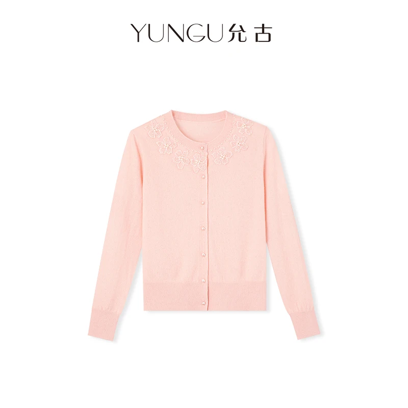 YUNGU允古 优雅女儿味手缝花朵钉珠绵羊毛针织开衫25秋冬新款上衣