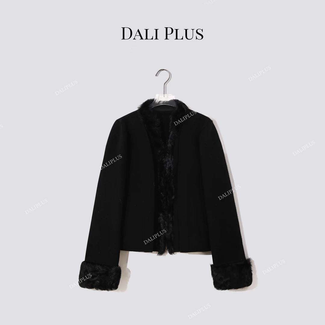 DALI PLUS”黑色小羊羔毛“山羊绒+高支绵羊毛呢外套-D5MM3036-1
