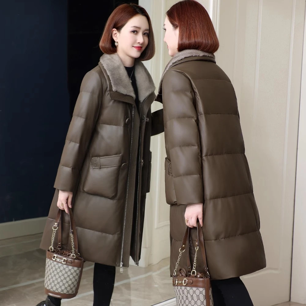 2025新款真皮羽绒服女海宁绵羊皮修身皮草大衣外套中长款皮衣加厚