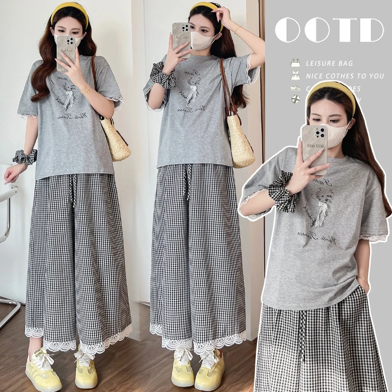 孕妇套装夏季时尚新款百搭短袖T恤猪鼻扣格子孕期阔腿裤宽松薄款