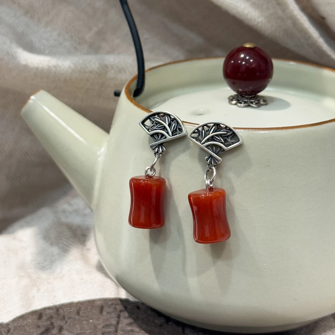 925银耳饰 <大头姐> E25641 红色竹节竹叶扇形耳环