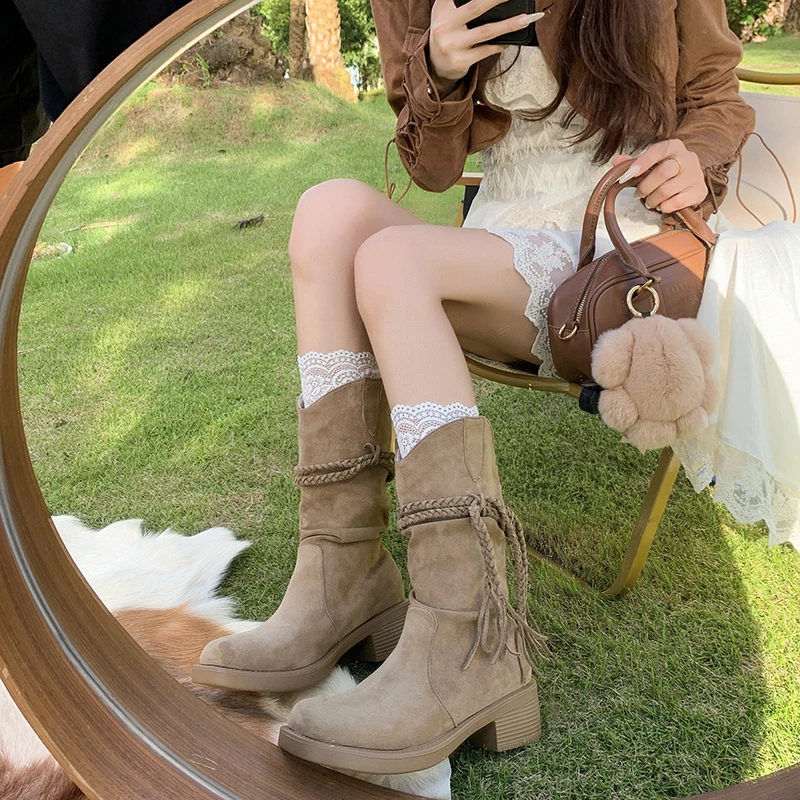 流苏长靴女2025新款骑士靴复古废土风粗跟不过膝长筒靴堆堆高筒靴