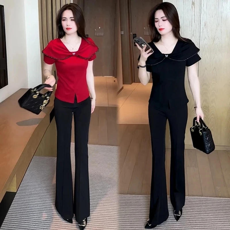 时尚套装修身喇叭裤女装气质纯色T恤遮肚高腰小个夏季上衣两件套