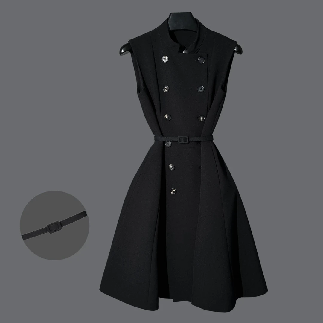 YOUNA法式气质显瘦时尚黑色收腰中长款女款连衣裙