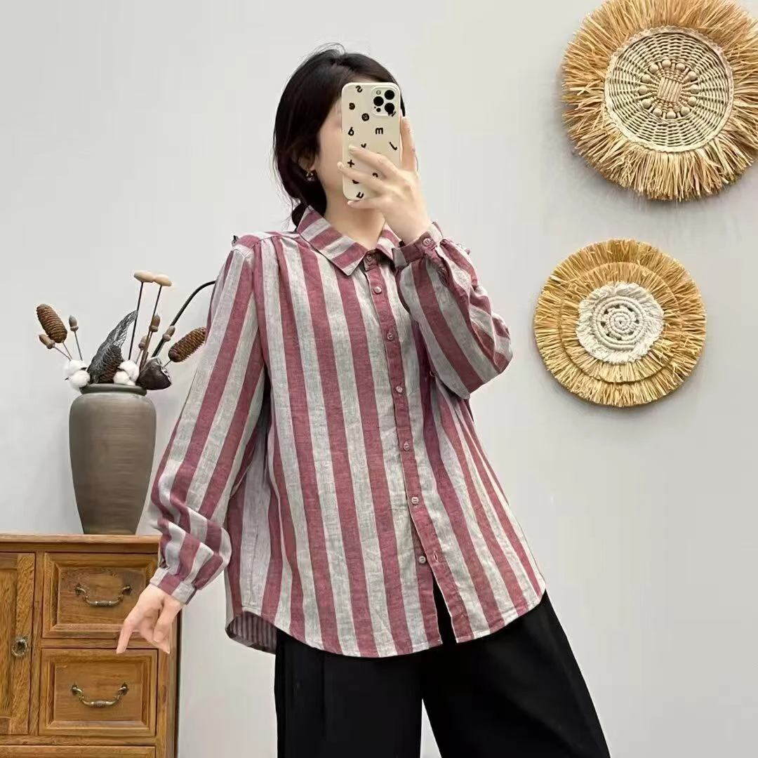 回笙2025春季新款文艺复古减龄时尚百搭经典色织条纹纯棉长袖衬衫