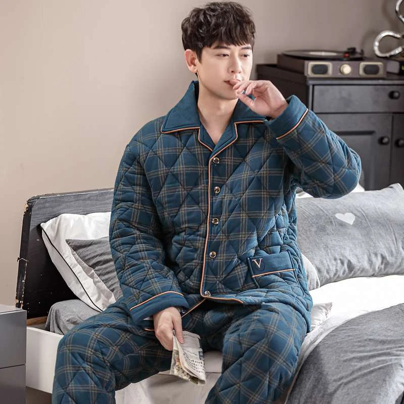 FAVMARTHA100%纯棉三层加厚夹棉冬季男士睡衣棉袄秋冬款男式大码