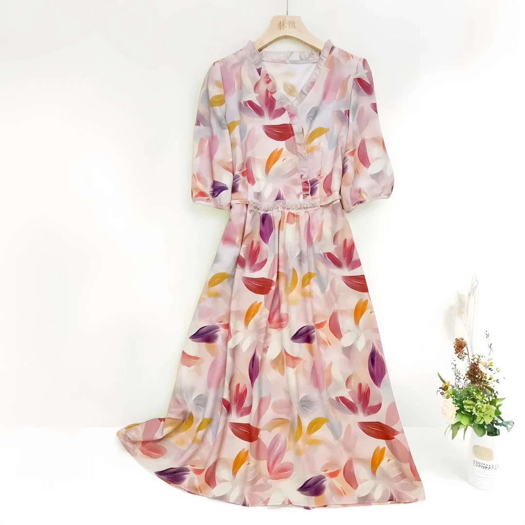 {红颜}连衣裙女夏季2025新款短袖碎钻系带法式温柔风收腰碎花裙子