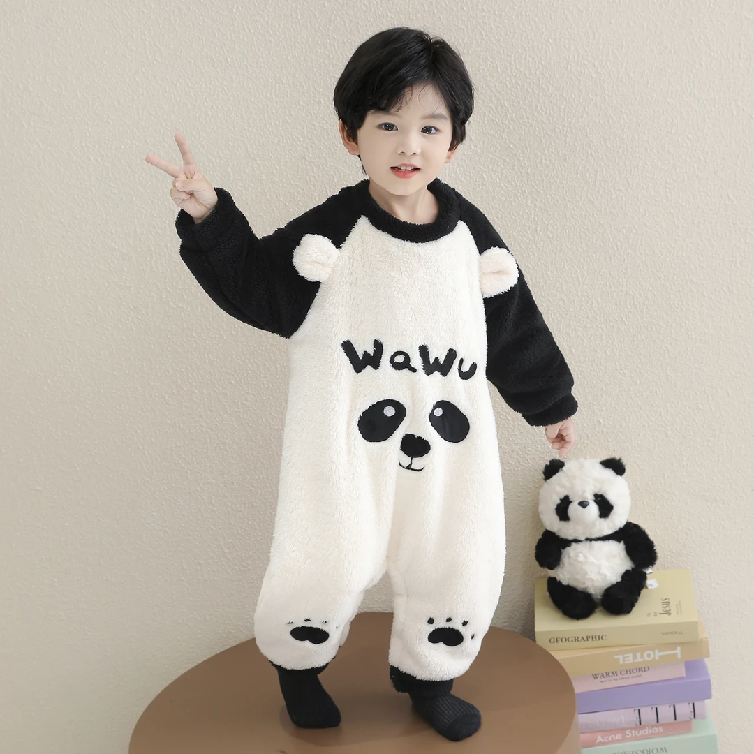 儿童睡衣秋冬季双层加厚珊瑚绒男孩长袖保暖卡通熊猫女童连体睡袋