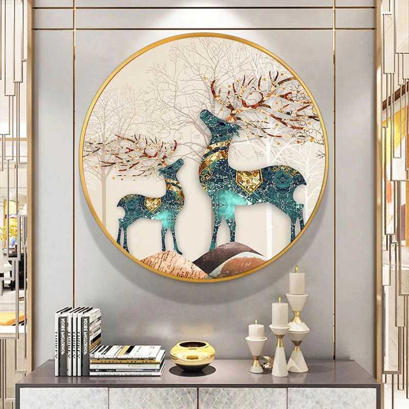 轻奢客厅装饰画北欧麋鹿沙发背景墙圆形创意壁画大气玄关餐厅挂画