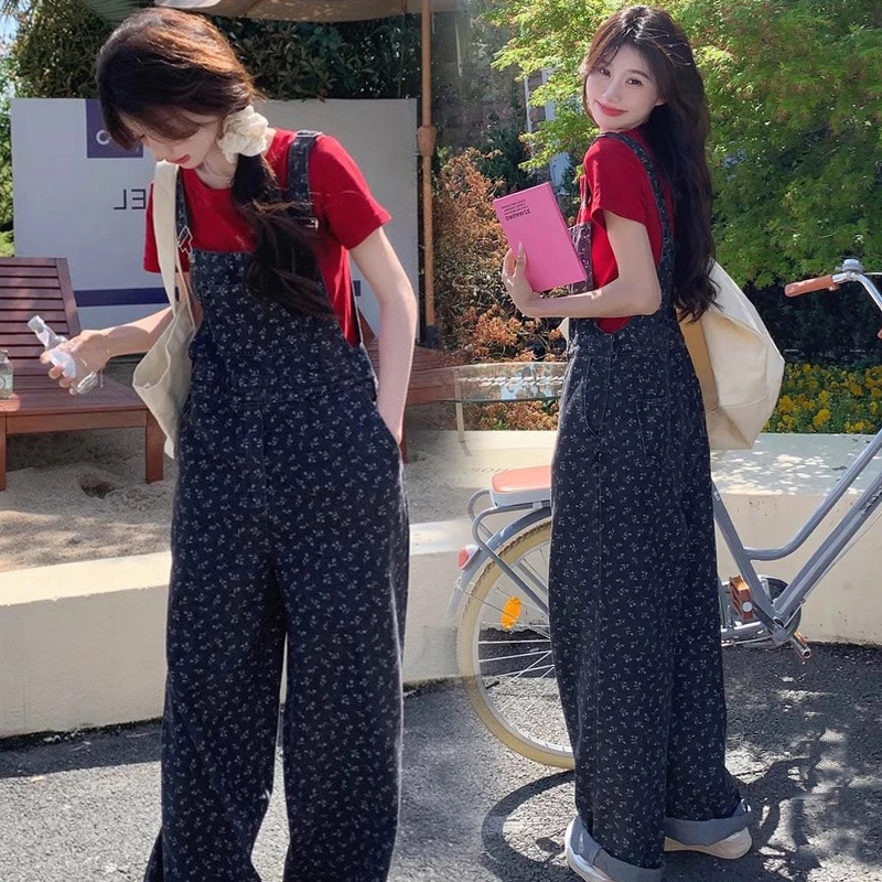 【小羊专属】产前产后洋气减龄孕妇背带裤夏季碎花牛仔短裤上衣套装