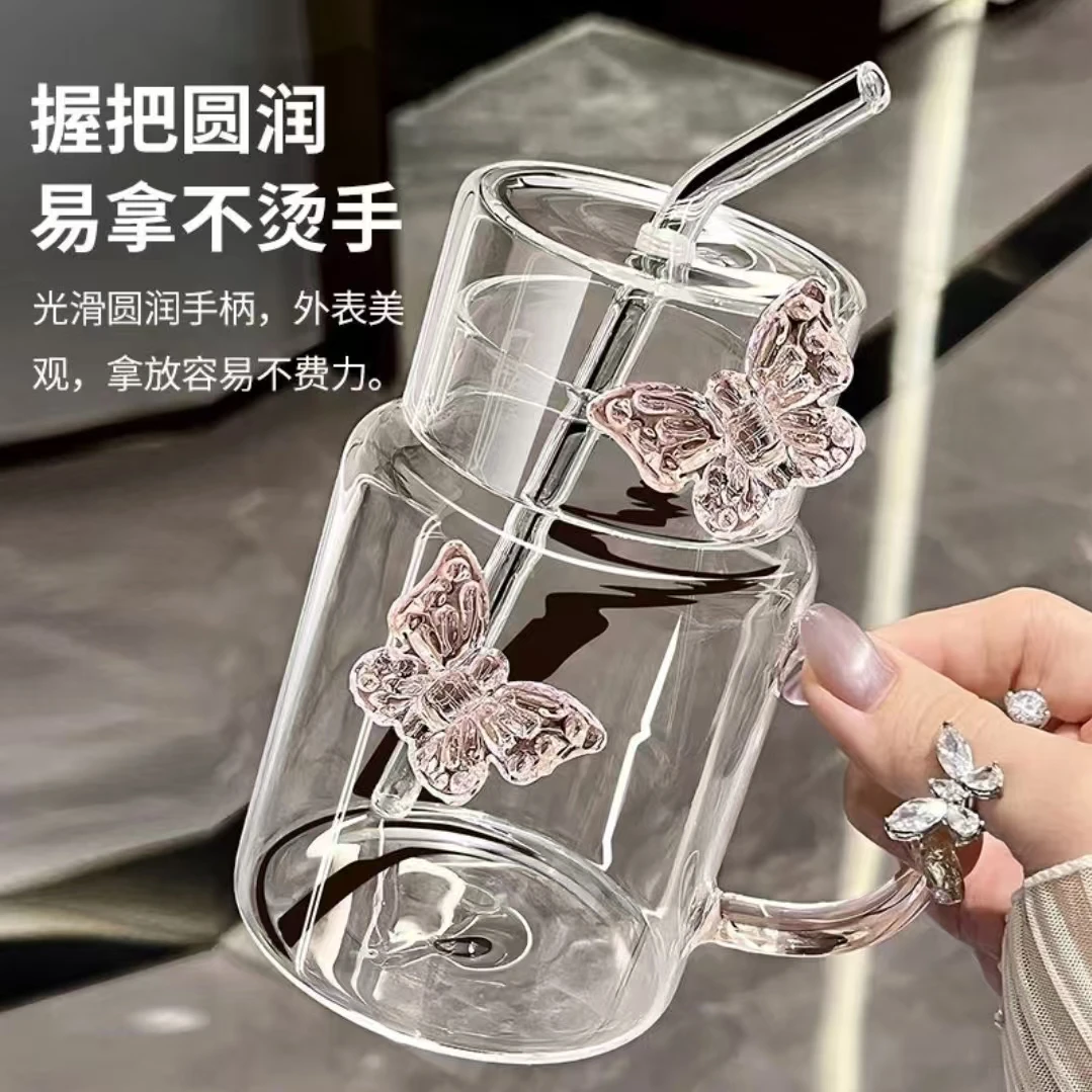 立体蝴蝶高硼硅玻璃水壶大容量带把手吸管一人饮网红#