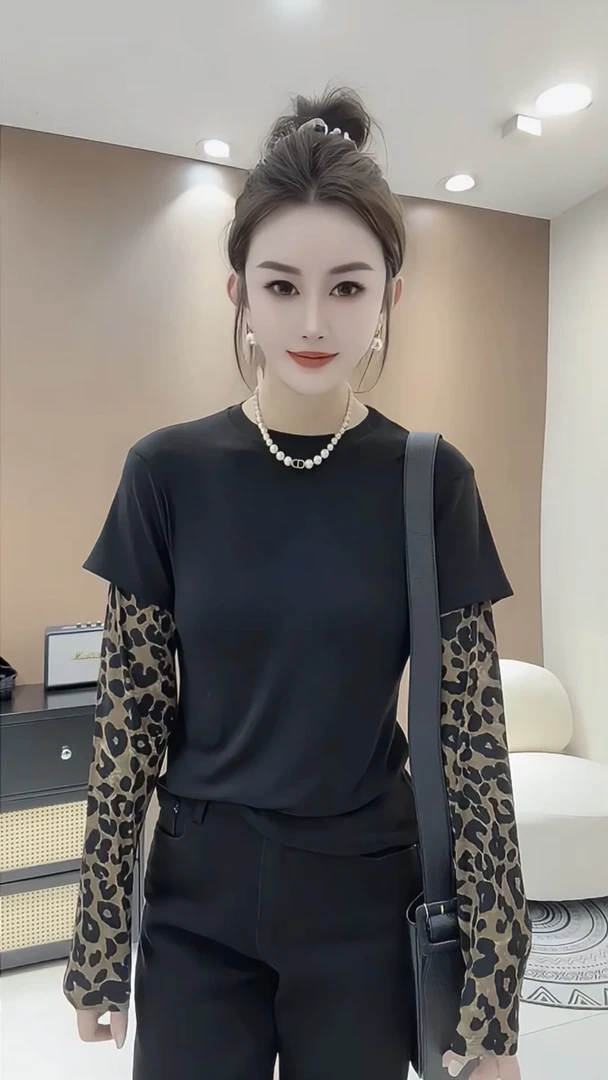 欧货复古豹纹袖拼接假两件t恤女2025秋装新款设计感修身显瘦上衣