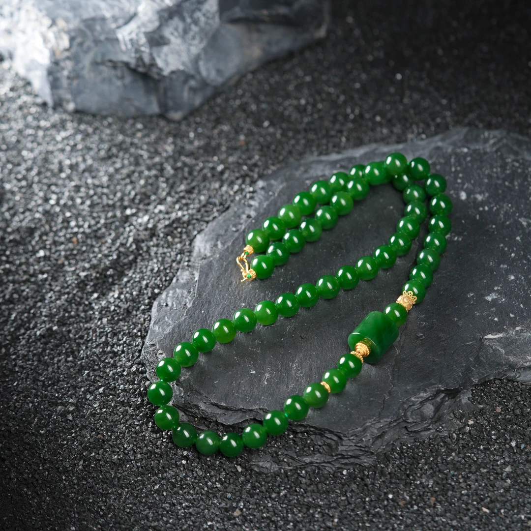 『博姐』·半夏丨和田玉碧玉帝王绿18K金传世级大美人链约8mm*D7676