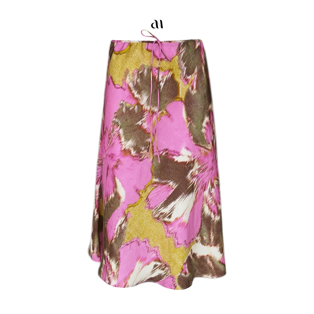 Aiko专属  真丝斜裁格桑花 印花半身裙