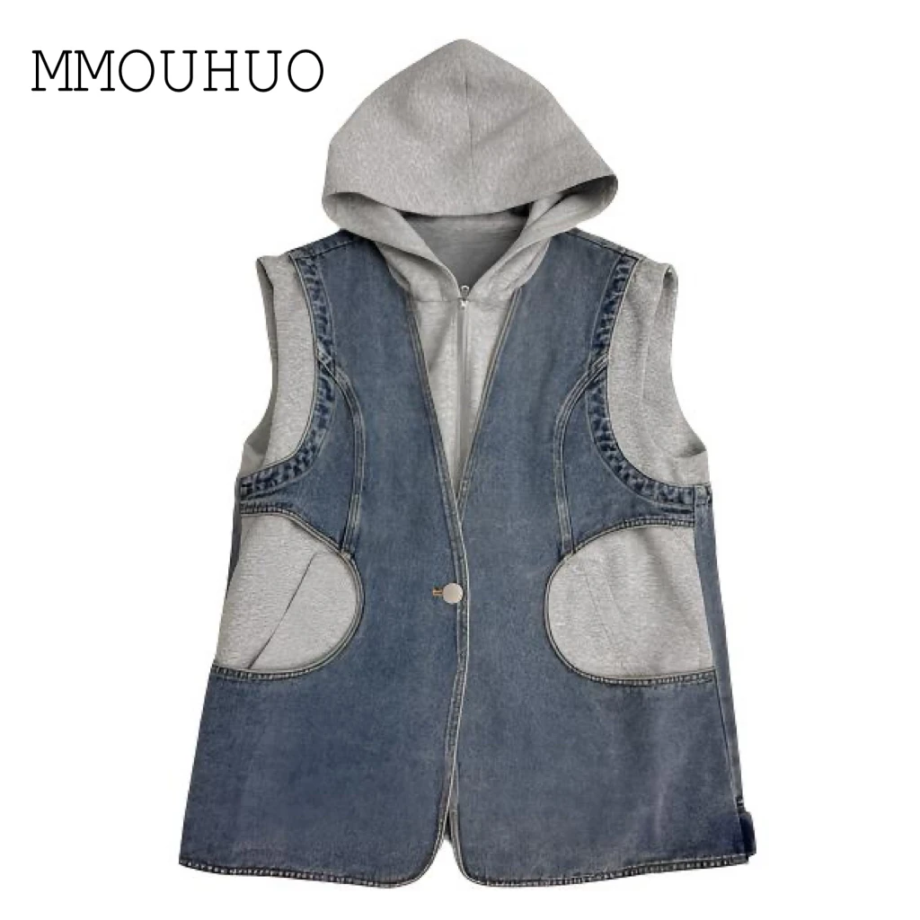 深圳MMOUHUO新款连帽假两件牛仔马夹