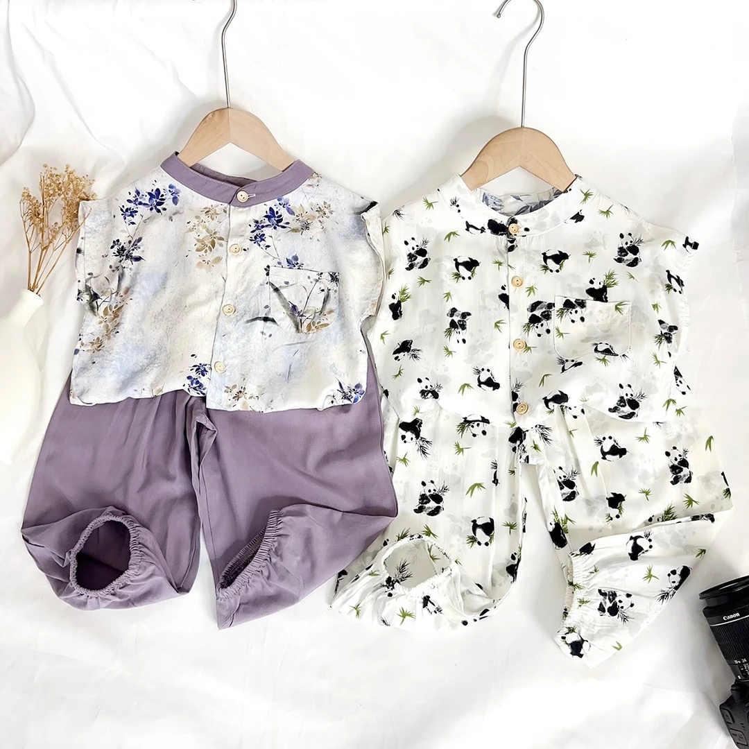 【棉绸长裤套装】山东儿童人造棉冰凉爽滑男女童夏季薄款短袖裤子