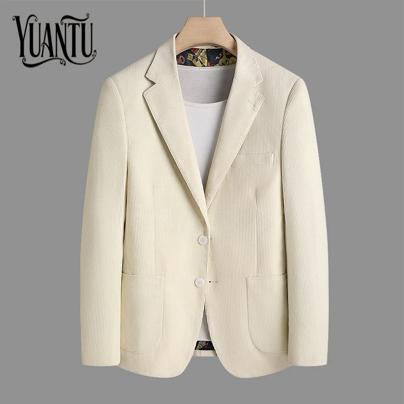 休闲西服男士灯芯绒秋季新款韩版修身潮流大码双开叉条纹西装外套