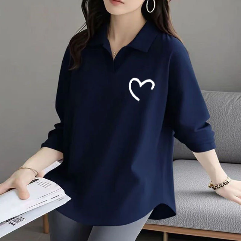 简约印花宽松T恤女纯棉春秋新款显瘦弧形下摆减龄POLO领长袖上衣