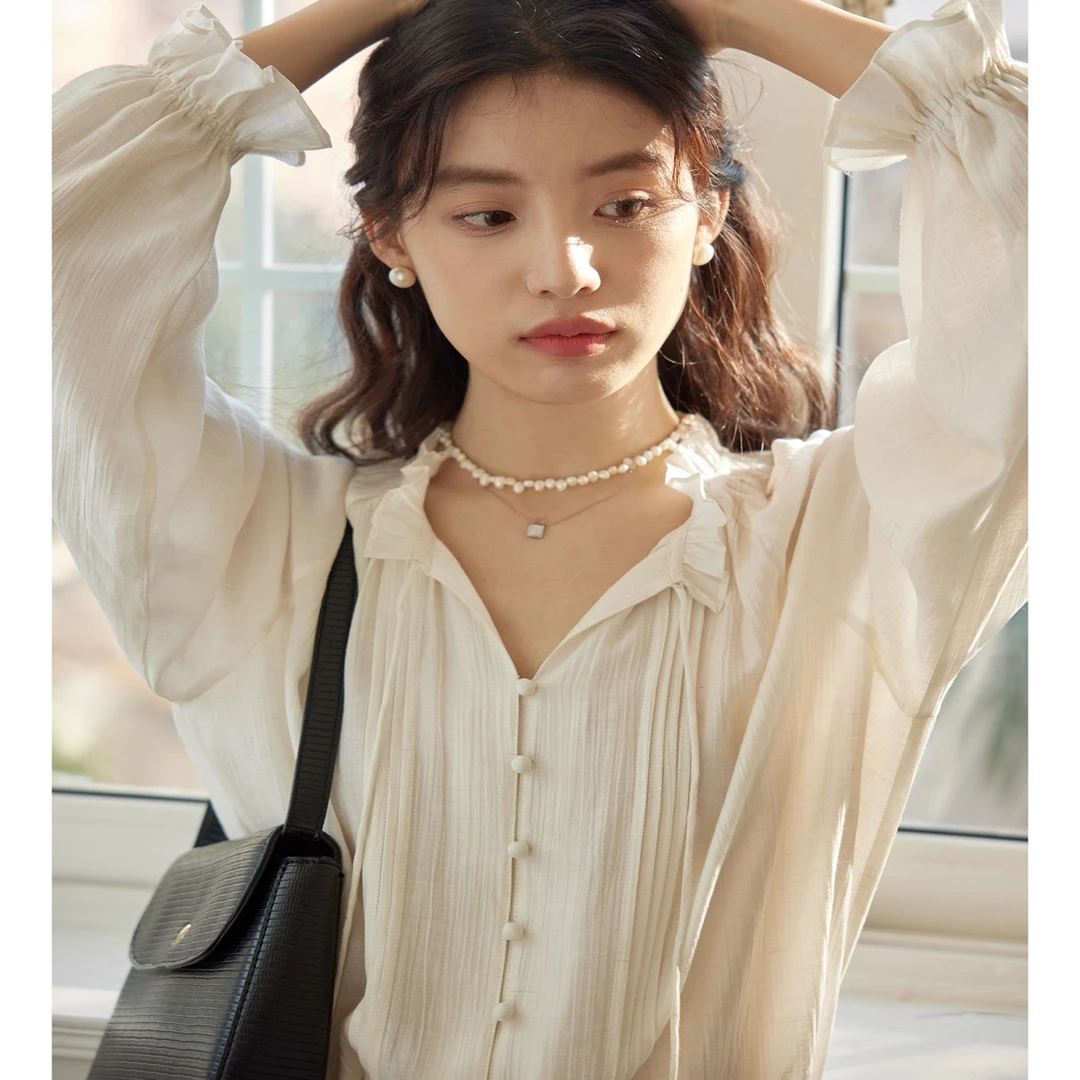 蝴蝶结系带上衣法式复古木耳边杏色花边领衬衫女小个子