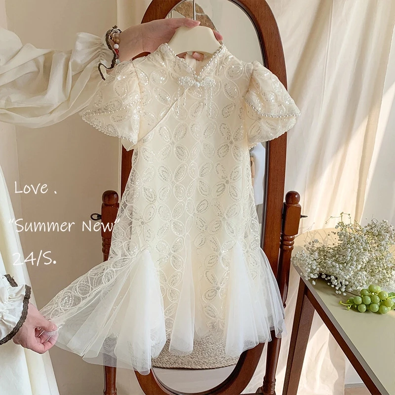 女童鱼尾裙旗袍连衣裙2025夏季儿童小女孩亮片新中式盘仙气洋气