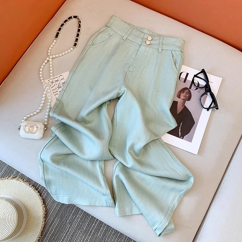 天丝亚麻休闲阔腿裤女2025夏季新薄款冰丝宽松垂感小个子九分裤子