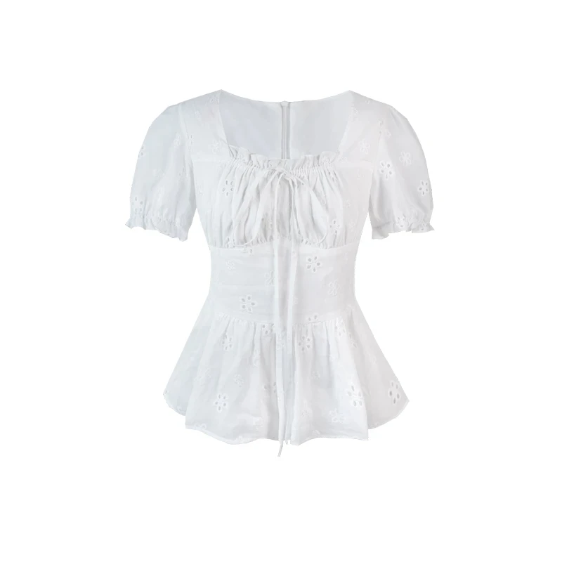 夏季女生韩系ins衣服温柔风方领气质修身显瘦短袖时尚洋气衬衫女