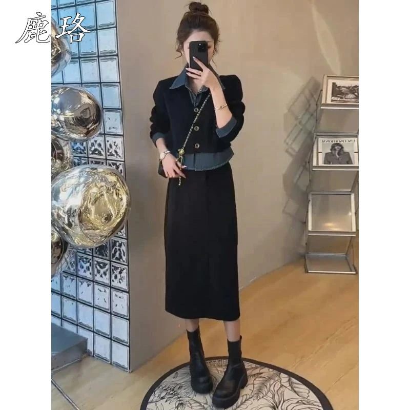 休闲套装女春秋季搭配一整套新款设计感拼接牛仔衬衫半身裙两件套