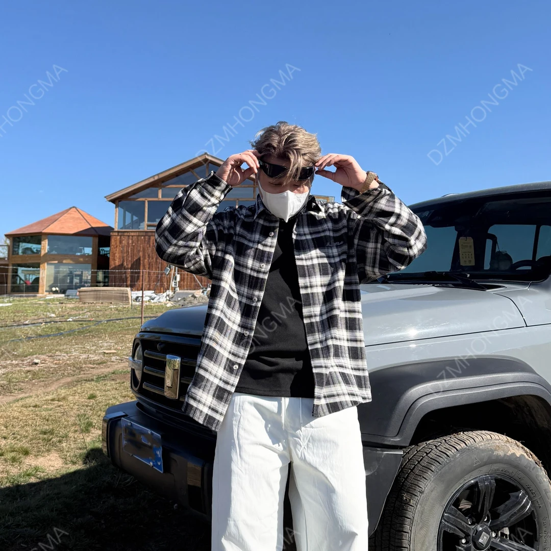 DAZHONGMA {雅痞复古}美式潮牌刺绣花格子衬衫翻领轻奢大码衬衣