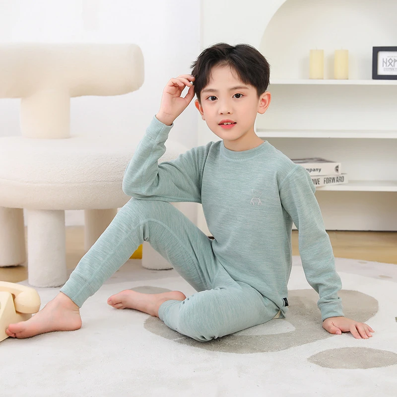 蚕丝保暖内衣套装男童女童中大童秋冬季加绒秋衣秋裤青少年打底