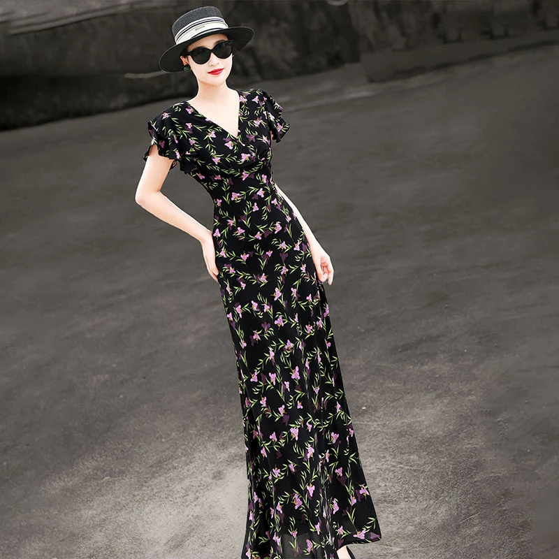 兰瑟儿夏季裙子.气质法式长裙荷叶袖V领黑色碎花连衣裙105XL2937