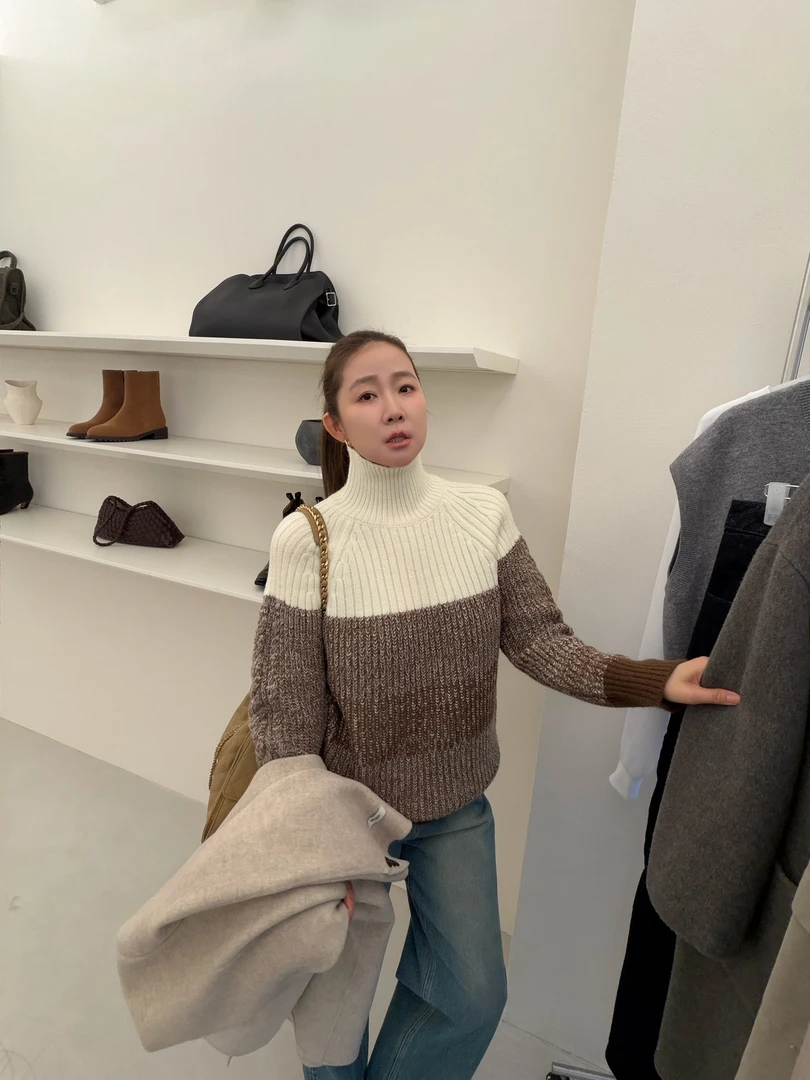 WIDELIA老板娘2025新款修身显瘦高领气质撞色针织衫女12325