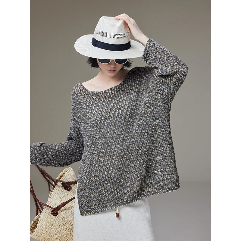 A 美洋MEIYANG 气质挂针织衫 空心带子纱_编织绞花一字领镂空度假