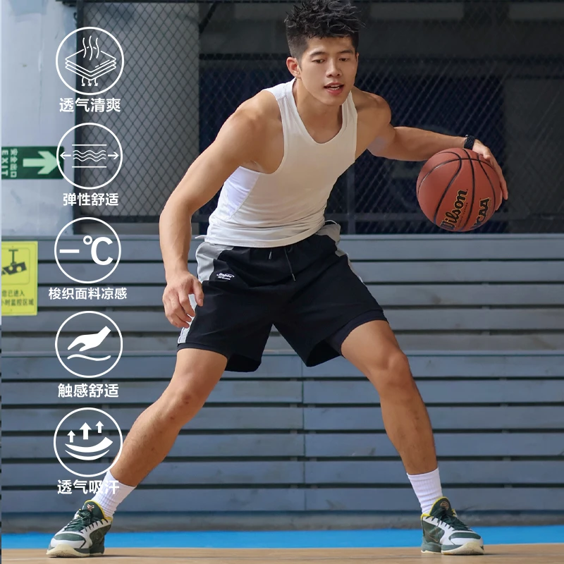 Satjdm短裤梭织拼接速干短裤凉感刺绣四分裤美式篮球健身跑步国潮