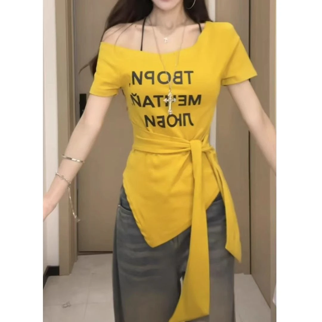 爆款美式辣妹一字领字母绑带短袖T恤女夏不规则修身露肩修身上衣