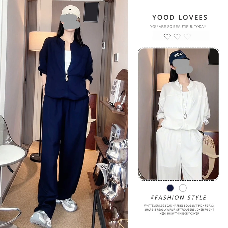 韩系时尚减龄设计感圆领衬衫+长裤两件套女2025夏季新款百搭套装