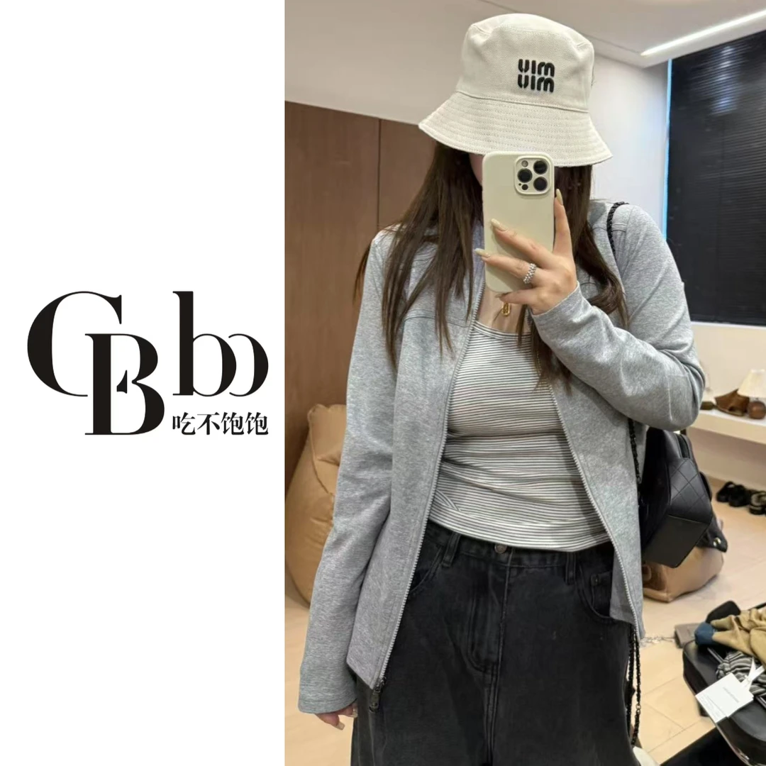 【吃不饱饱】大码 微风呢喃 运动风休闲小连领修身拉链开衫0267