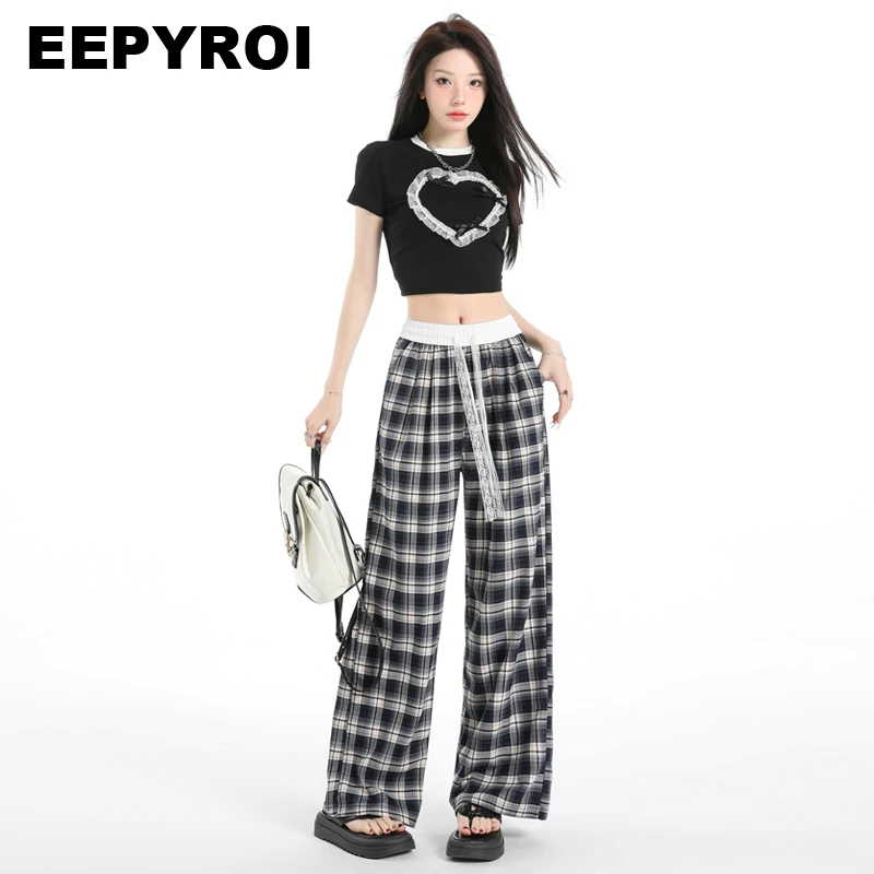 2025春夏新款休闲裤直筒裤显高显瘦时尚雷丝花边格子腰带牛仔裤女