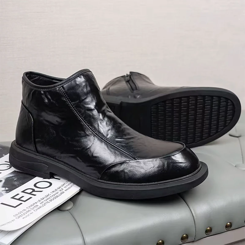 软牛皮切尔西靴男士休闲皮鞋真皮马丁靴高帮英伦风2025新款皮靴